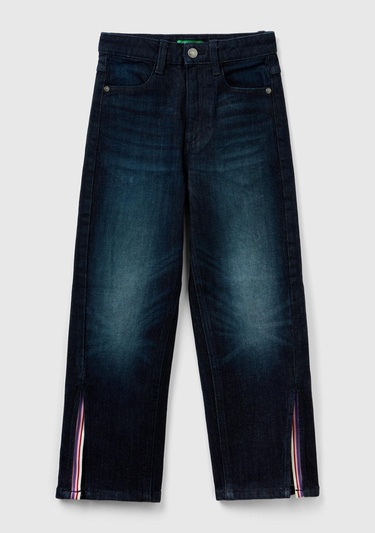  Kız Çocuk Denim Paçası Yırtmaç Detaylı Denim Pantolon