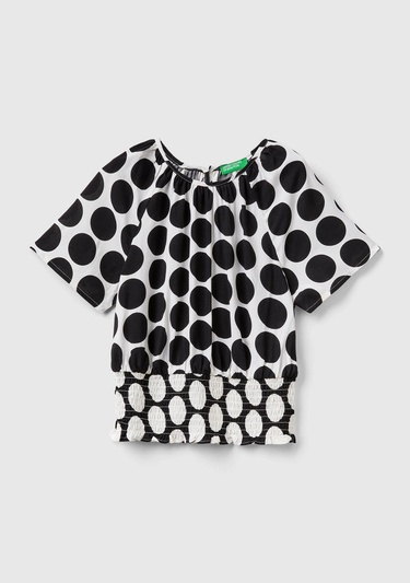 Kız Çocuk Siyah Beli Lastikli Puantiye Desenli Bluz