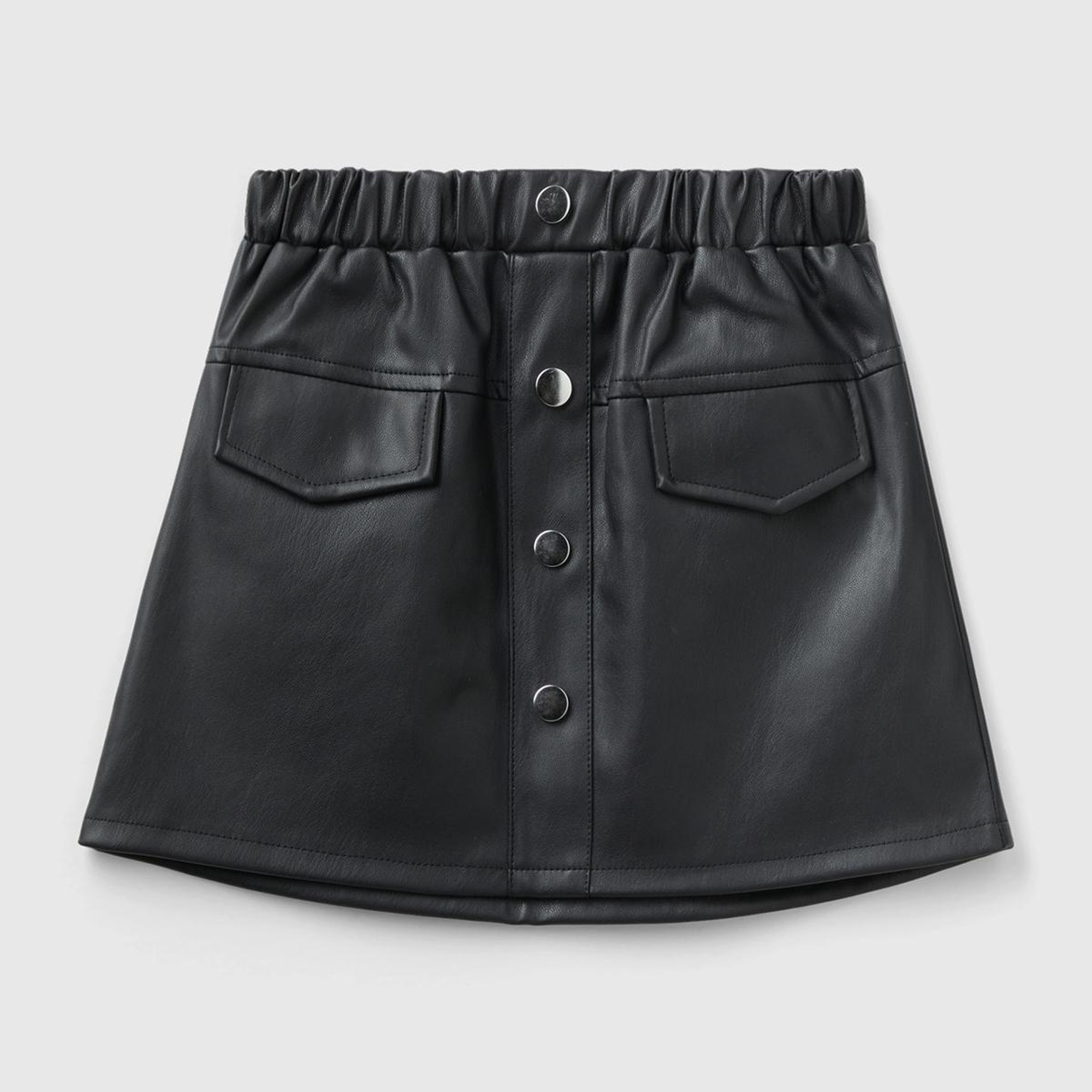 Kız Çocuk Siyah Önü Düğmeli Suni Deri Etek