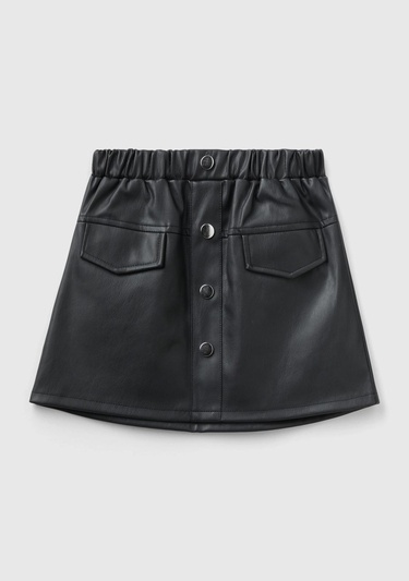  Kız Çocuk Siyah Önü Düğmeli Suni Deri Etek