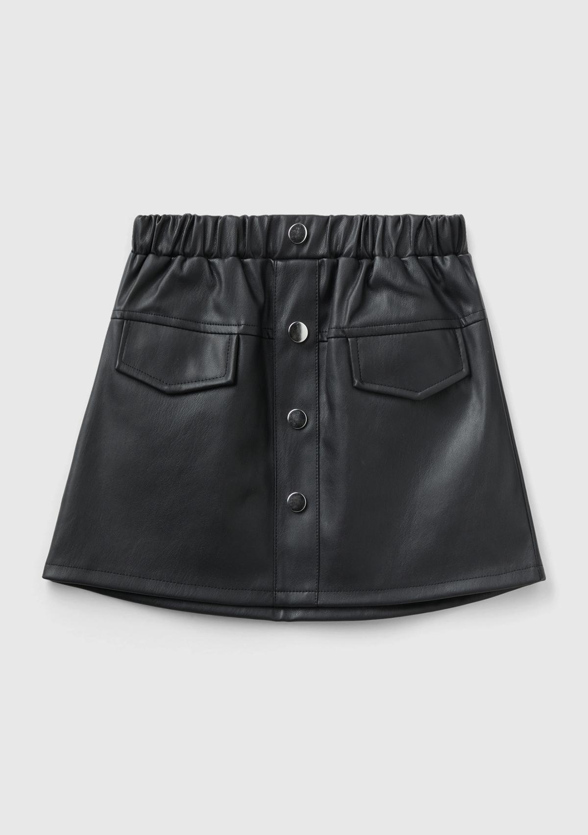  Kız Çocuk Siyah Önü Düğmeli Suni Deri Etek