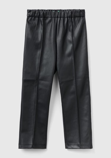  Kız Çocuk Siyah Beli Lastikli Suni Deri Pantolon