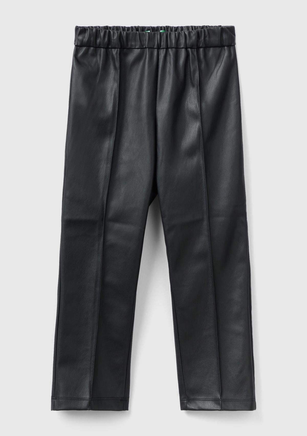  Kız Çocuk Siyah Beli Lastikli Suni Deri Pantolon