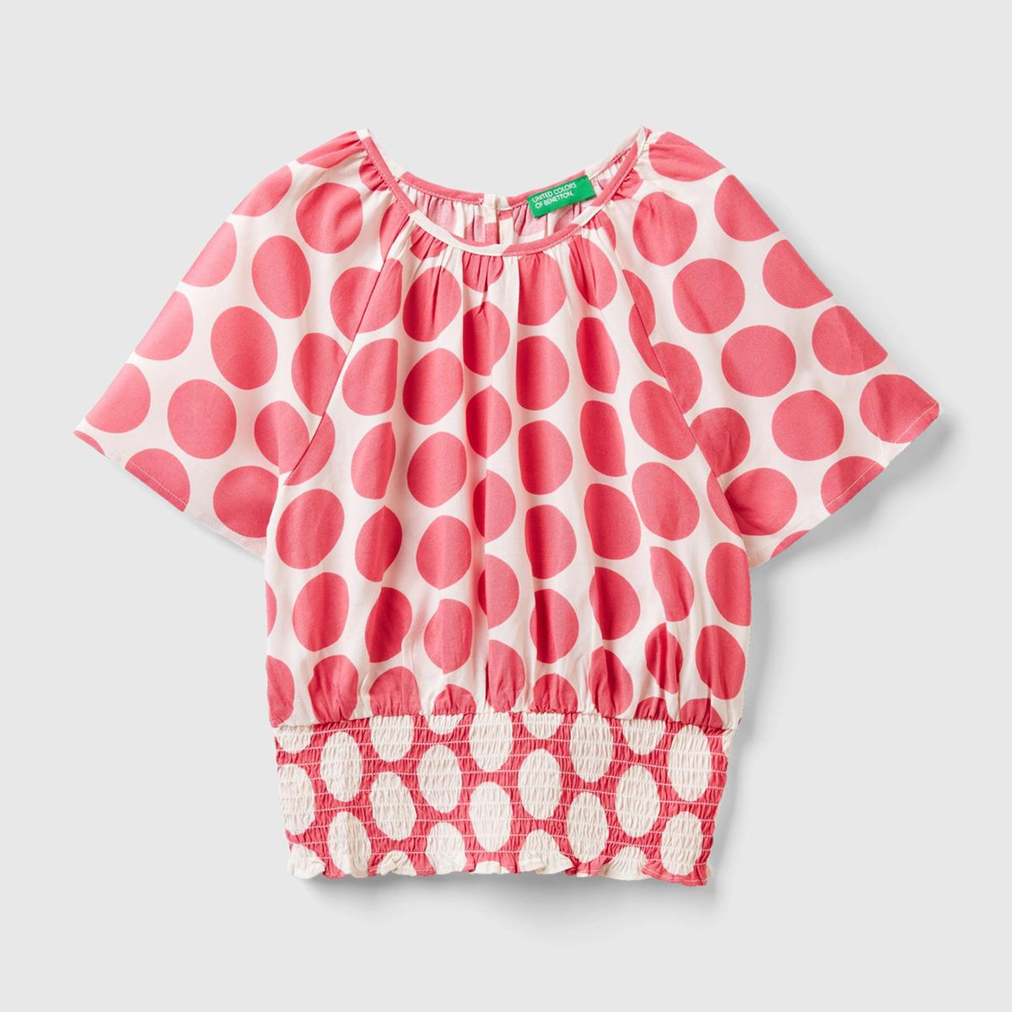 Kız Çocuk Pembe Beli Lastikli Puantiye Desenli Bluz