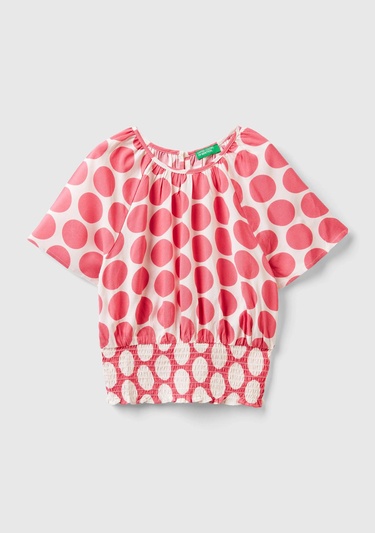  Kız Çocuk Pembe Beli Lastikli Puantiye Desenli Bluz