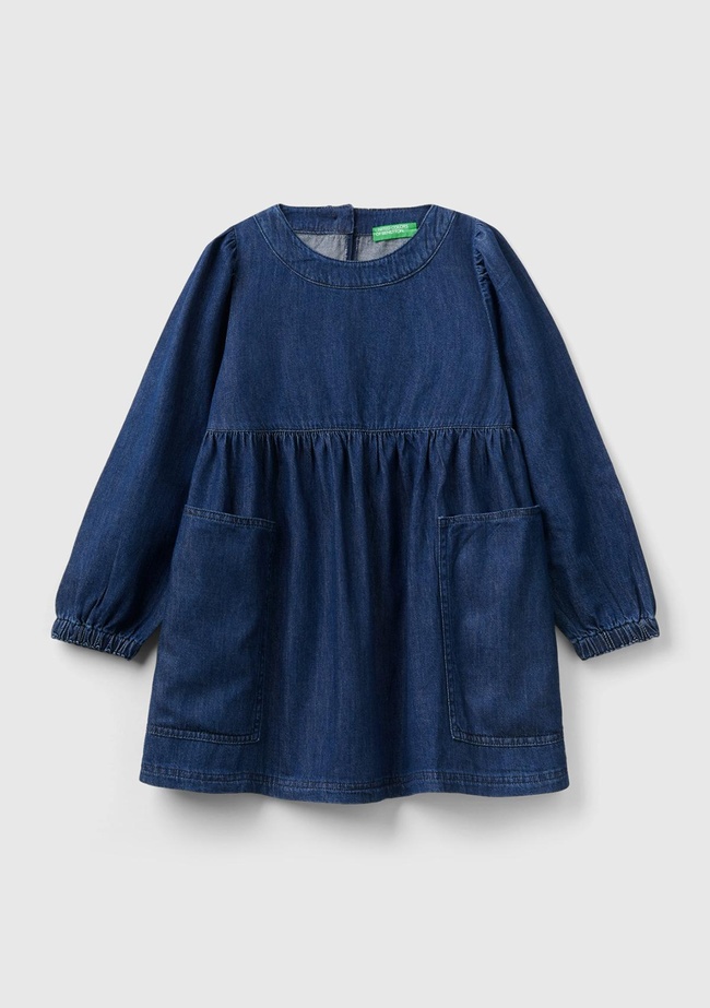  Kız Çocuk Denim Balon Kollu Volanlı Denim Elbise