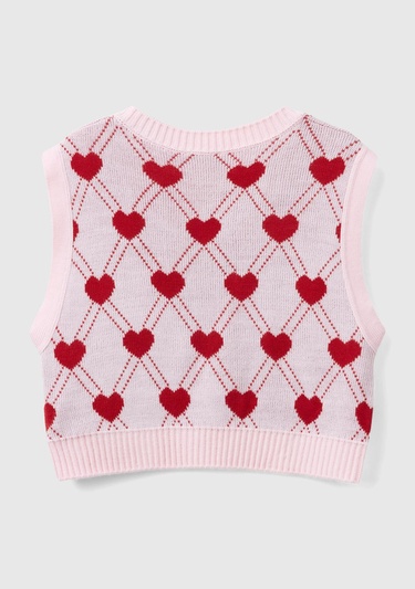  Kız Çocuk Açık Pembe Tamamı Kalp Desenli Kolsuz V Yaka Süveter