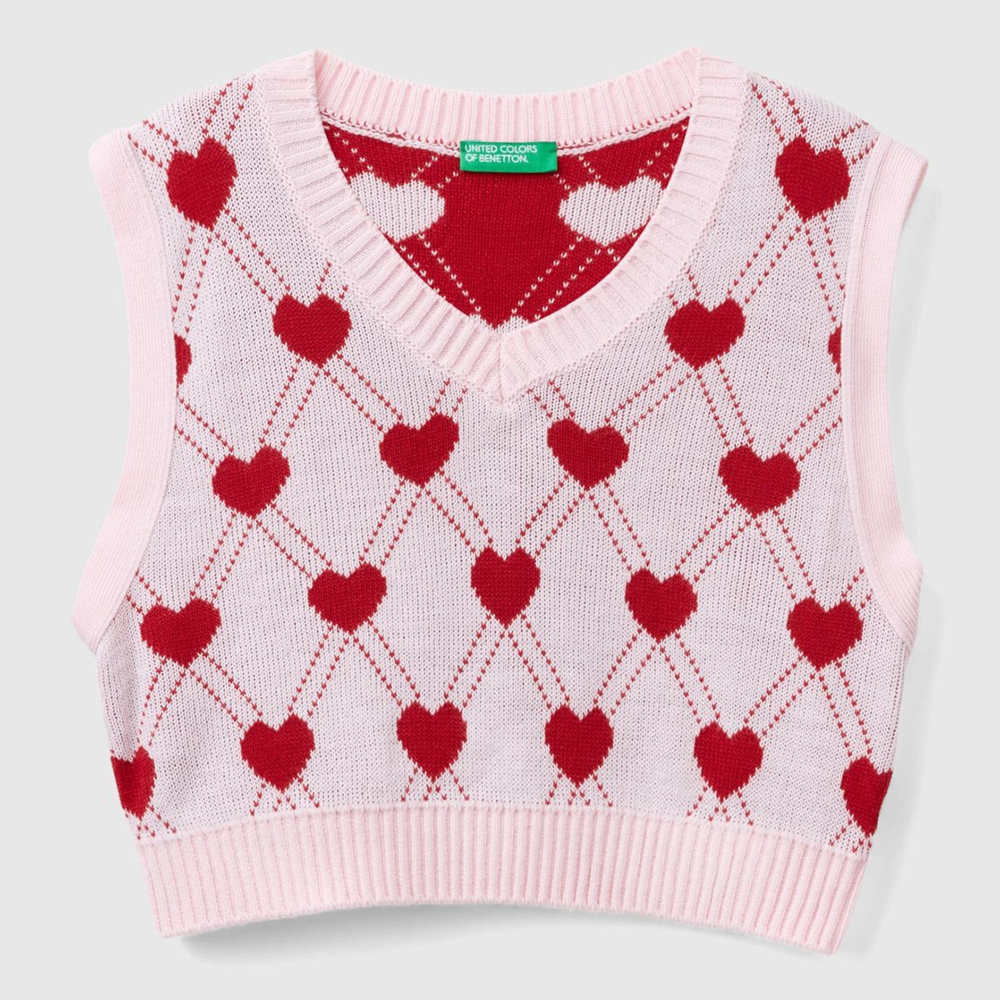 Kız Çocuk Açık Pembe Tamamı Kalp Desenli Kolsuz V Yaka Süveter