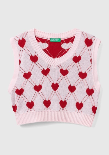 Kız Çocuk Açık Pembe Tamamı Kalp Desenli Kolsuz V Yaka Süveter