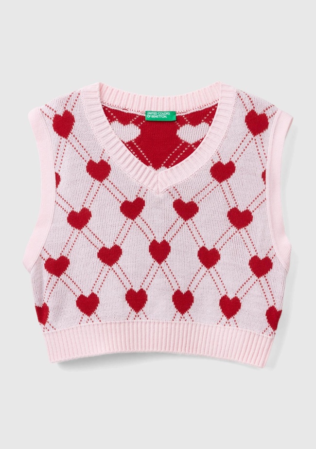 Kız Çocuk Açık Pembe Tamamı Kalp Desenli Kolsuz V Yaka Süveter