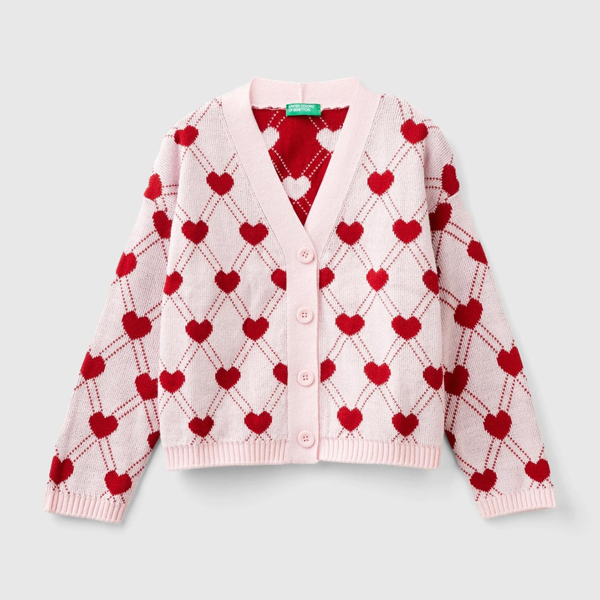 Kız Çocuk Açık Pembe Tamamı Kalp Desenli 4 Düğmeli V Yaka Hırka