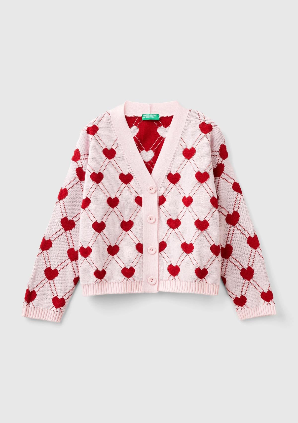  Kız Çocuk Açık Pembe Tamamı Kalp Desenli 4 Düğmeli V Yaka Hırka