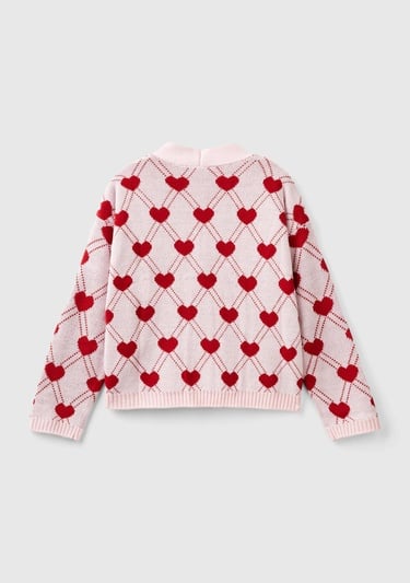  Kız Çocuk Açık Pembe Tamamı Kalp Desenli 4 Düğmeli V Yaka Hırka
