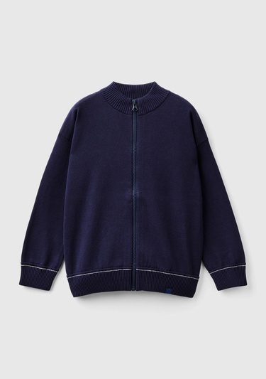  Erkek Çocuk Lacivert Etek Ucu Logo Detaylı Fermuarlı Dik Yaka Hırka