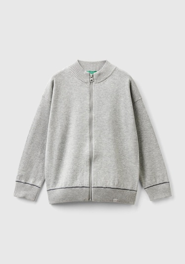  Erkek Çocuk Gri Melanj Etek Ucu Logo Detaylı Fermuarlı Dik Yaka Hırka