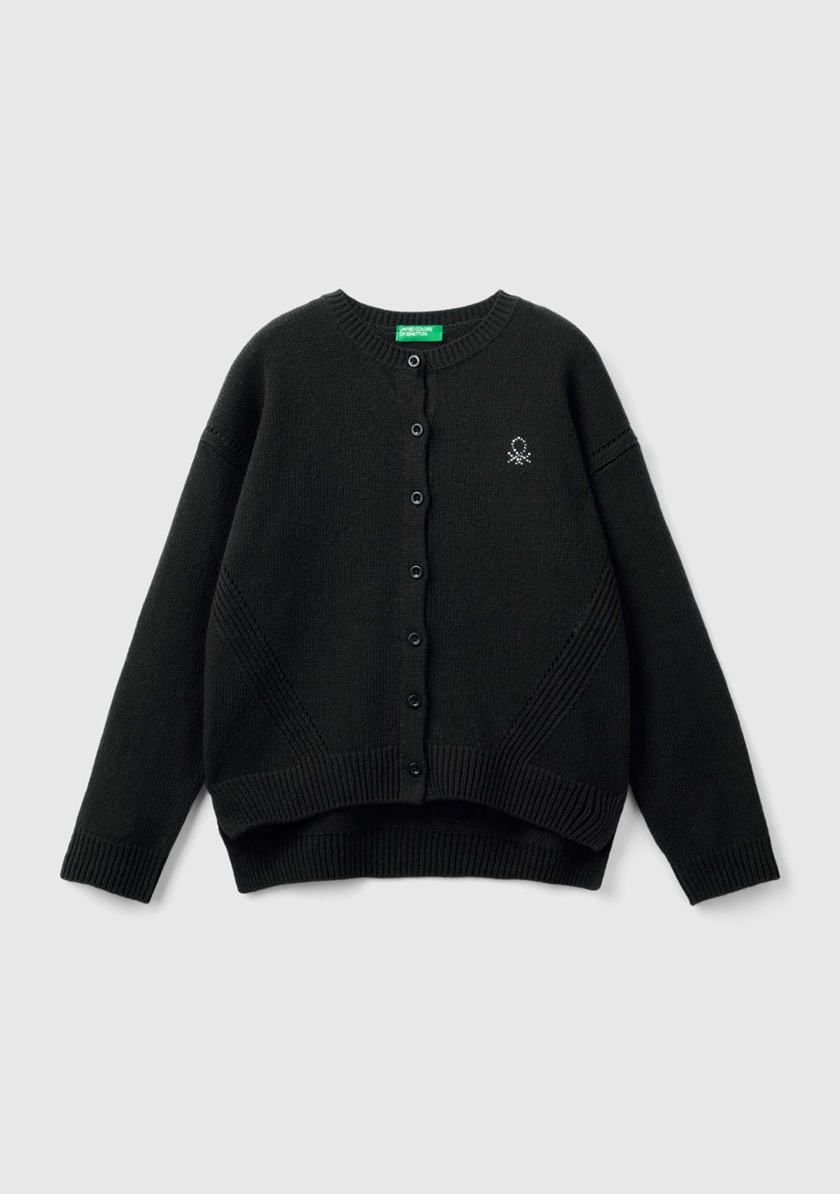  Kız Çocuk Siyah Önü Düğmeli Nervür Detaylı Hırka