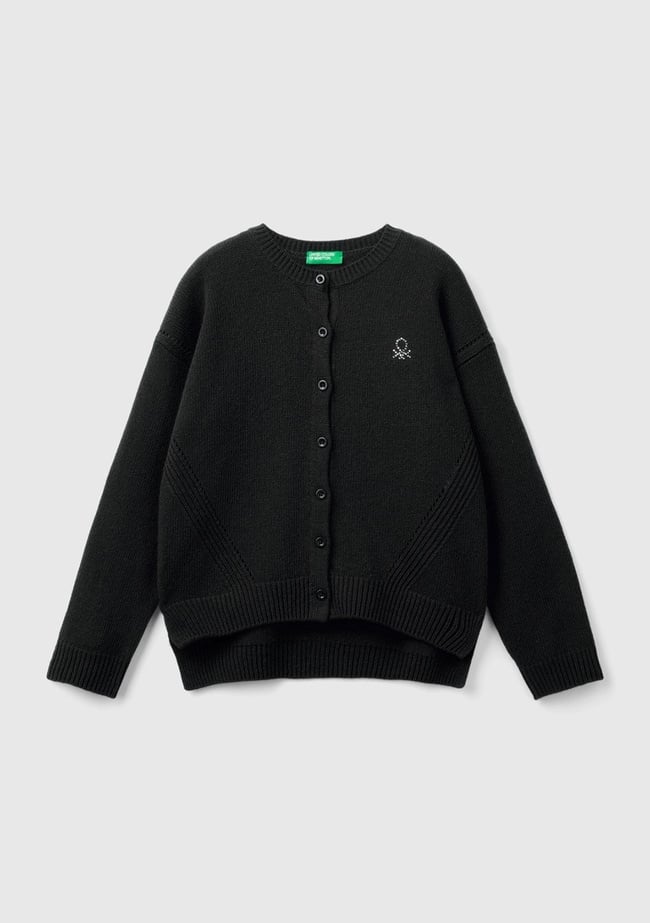  Kız Çocuk Siyah Önü Düğmeli Nervür Detaylı Hırka