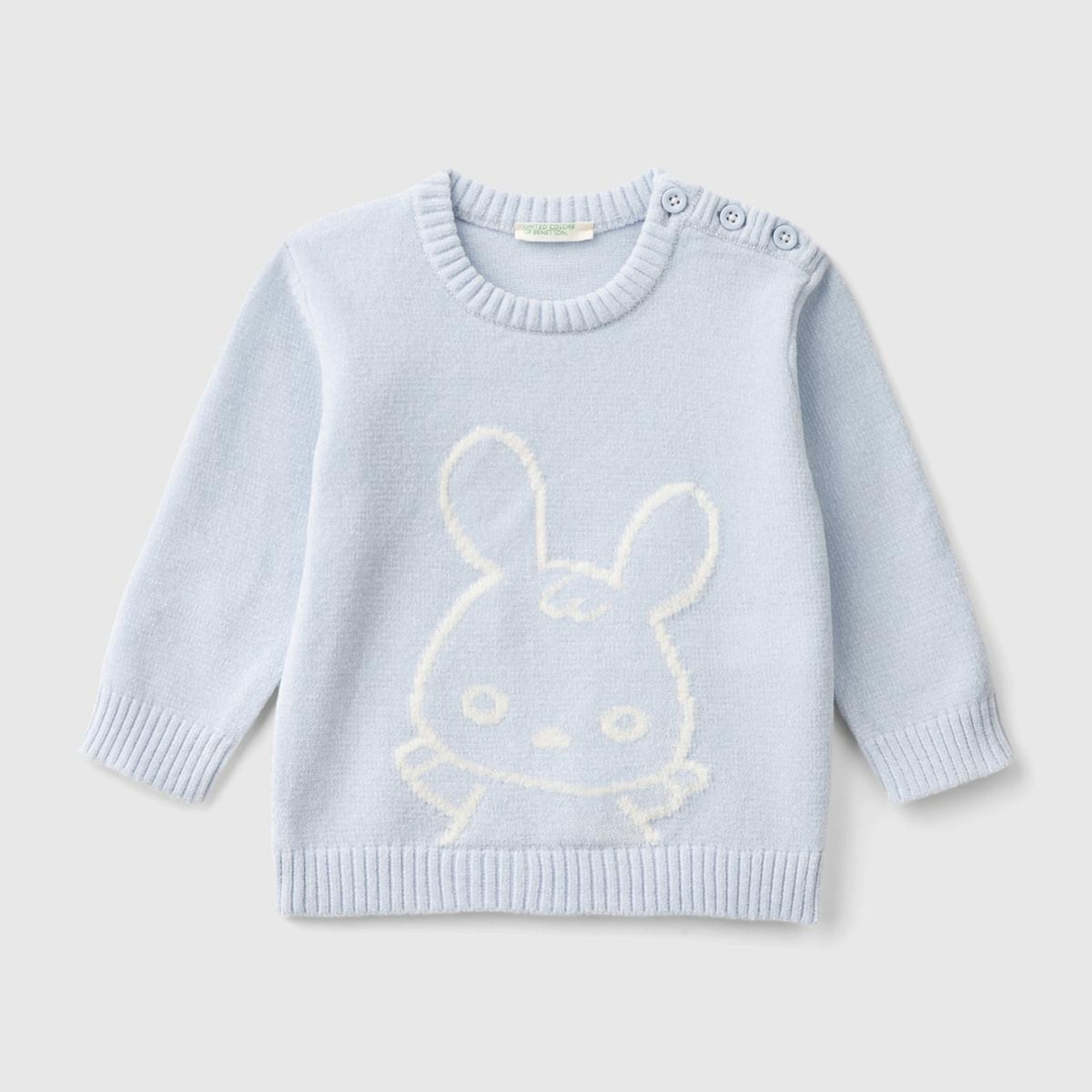 Bebek Toz Mavi Önü Tavşan İşlemeli Omzu Düğme Detaylı Bisiklet Yaka Kazak