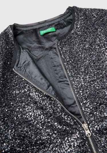  Kız Çocuk Siyah Tamamı Desenli Önü Fermuar Kapamalı Bisiklet Yaka Ceket