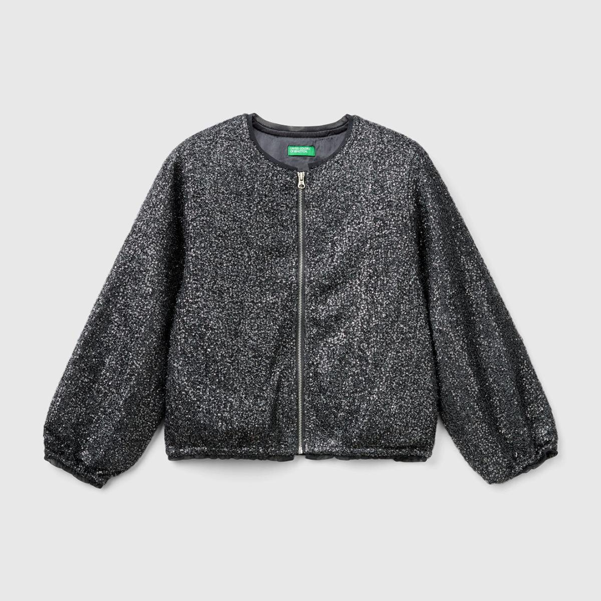 Kız Çocuk Siyah Tamamı Desenli Önü Fermuar Kapamalı Bisiklet Yaka Ceket