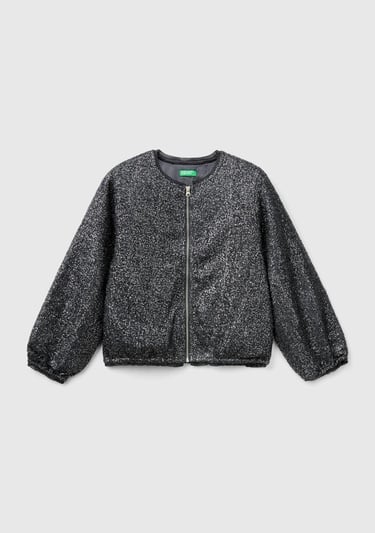  Kız Çocuk Siyah Tamamı Desenli Önü Fermuar Kapamalı Bisiklet Yaka Ceket