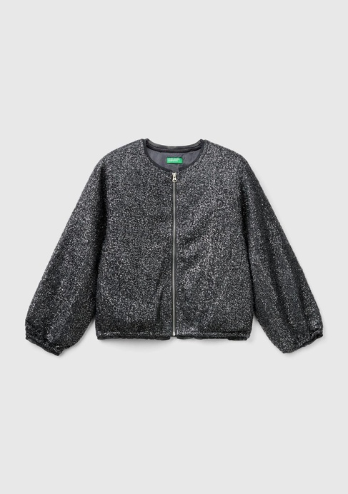  Kız Çocuk Siyah Tamamı Desenli Önü Fermuar Kapamalı Bisiklet Yaka Ceket