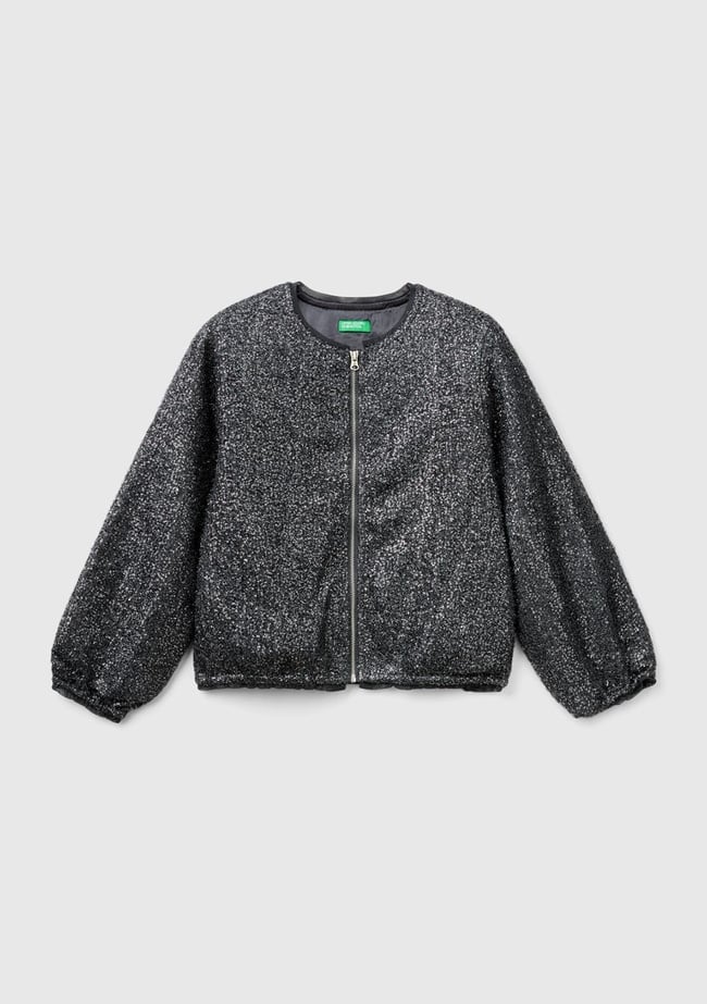  Kız Çocuk Siyah Tamamı Desenli Önü Fermuar Kapamalı Bisiklet Yaka Ceket