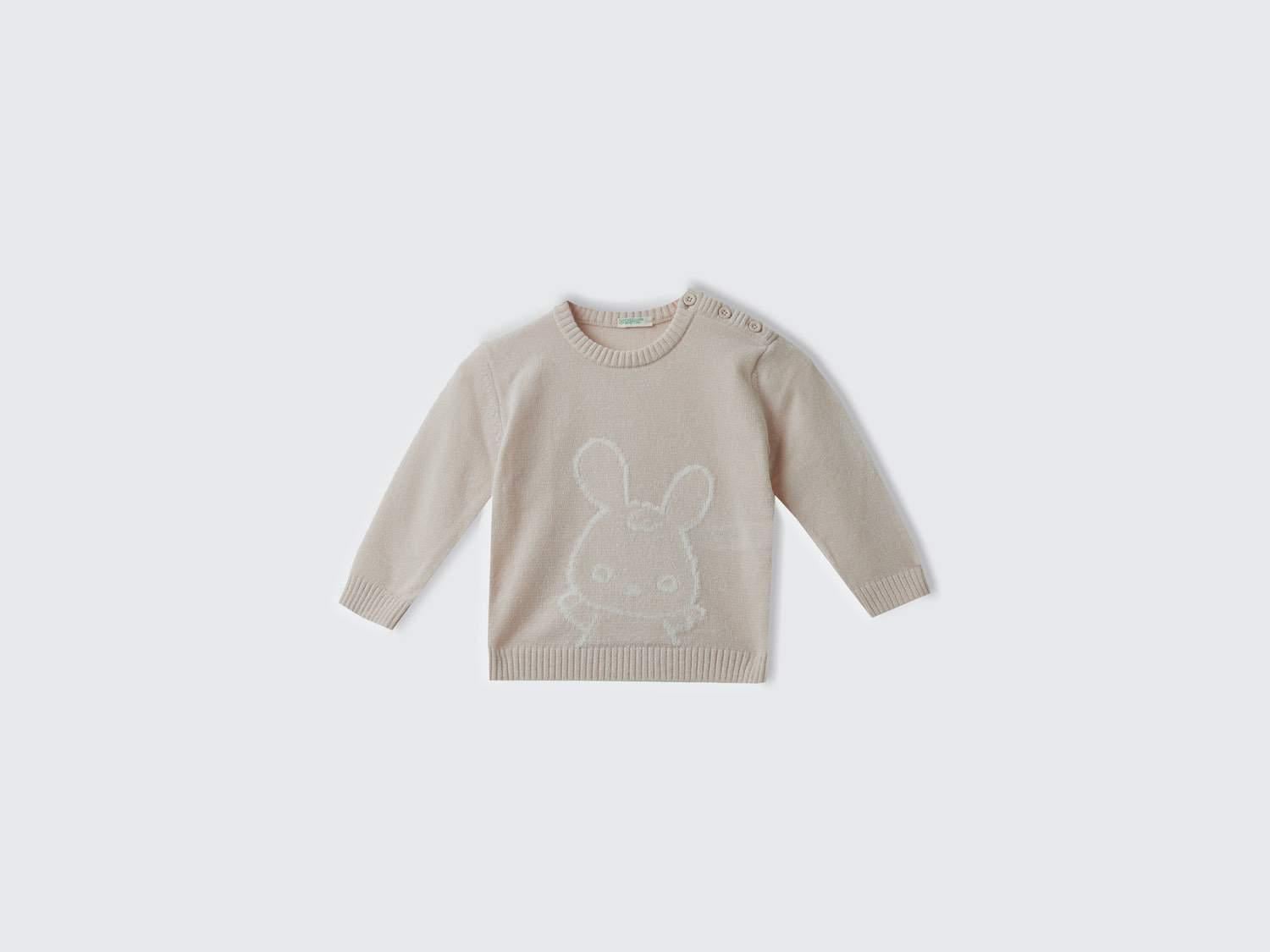  Bebek Toz Pembe Önü Tavşan İşlemeli Omzu Düğme Detaylı Bisiklet Yaka Kazak