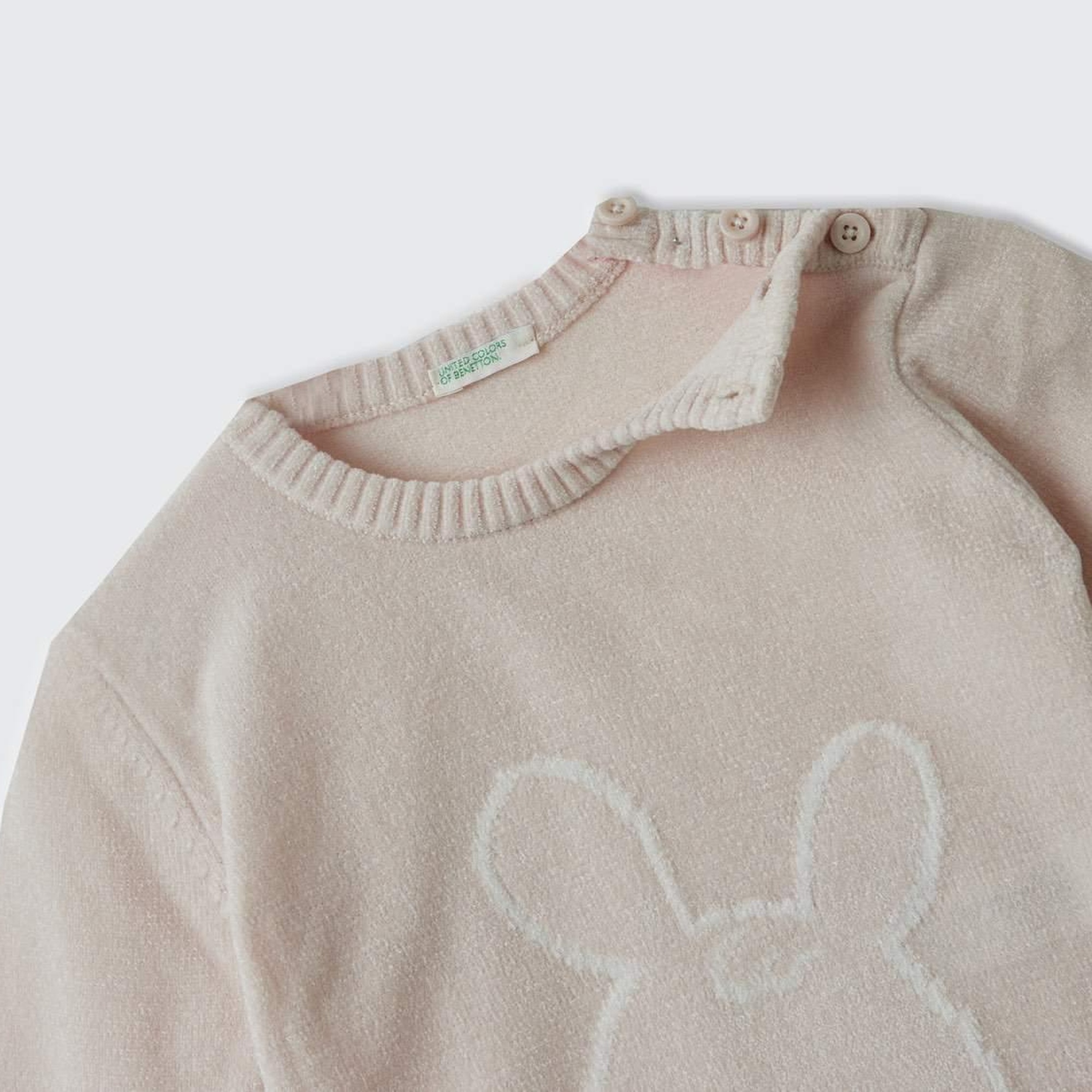 Bebek Toz Pembe Önü Tavşan İşlemeli Omzu Düğme Detaylı Bisiklet Yaka Kazak