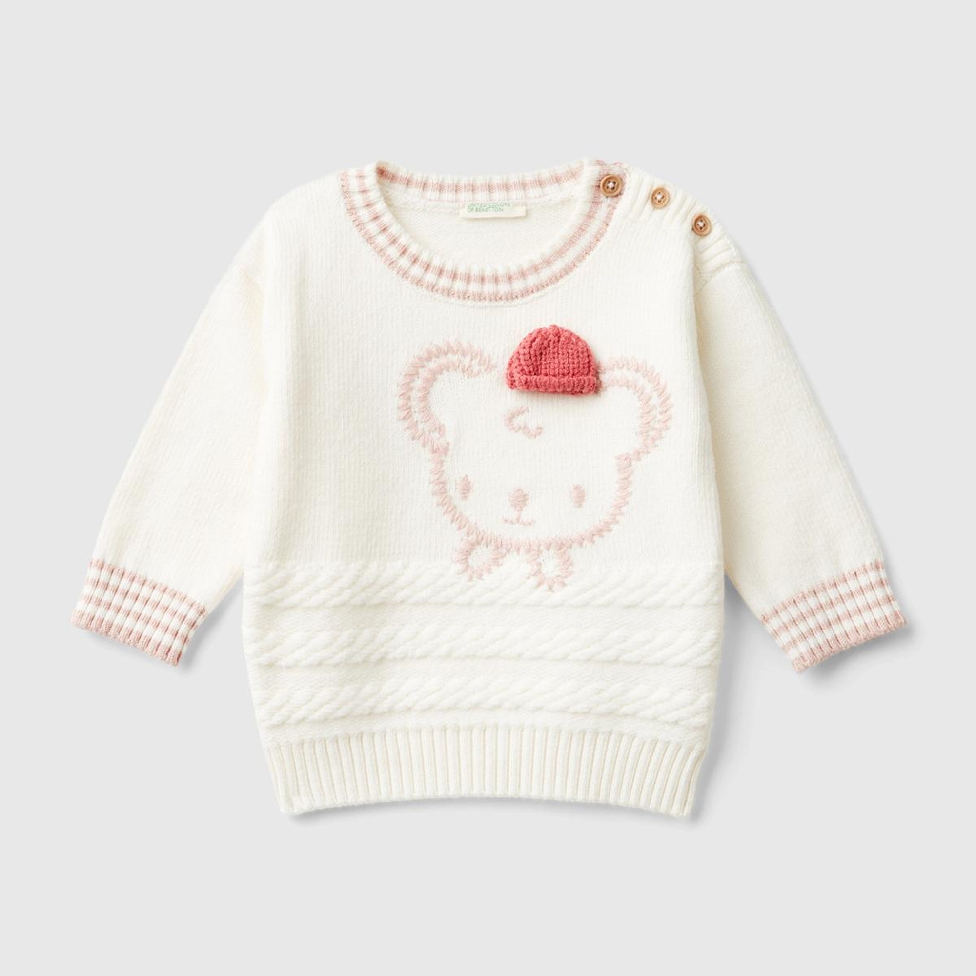 Bebek Beyaz Önü İşlemeli Omzu Düğmeli Bisiklet Yaka Kazak