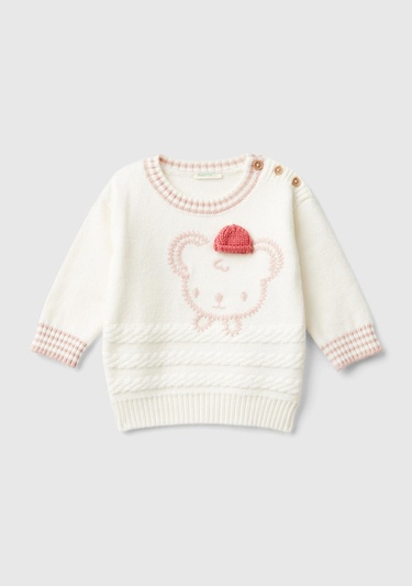  Bebek Beyaz Önü İşlemeli Omzu Düğmeli Bisiklet Yaka Kazak