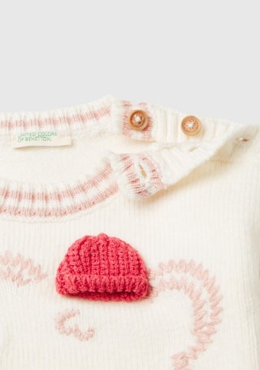  Bebek Beyaz Önü İşlemeli Omzu Düğmeli Bisiklet Yaka Kazak