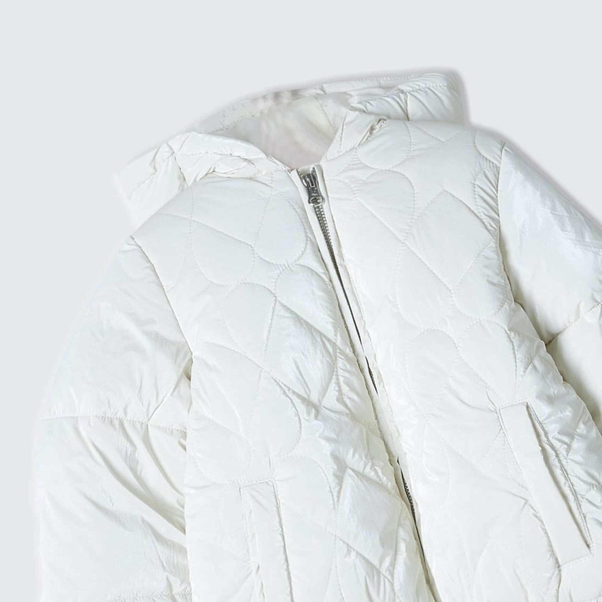 Kız Çocuk Krem Önü Kapitoneli Fermuar Kapamalı Suni Kuş Tüyü Ceket