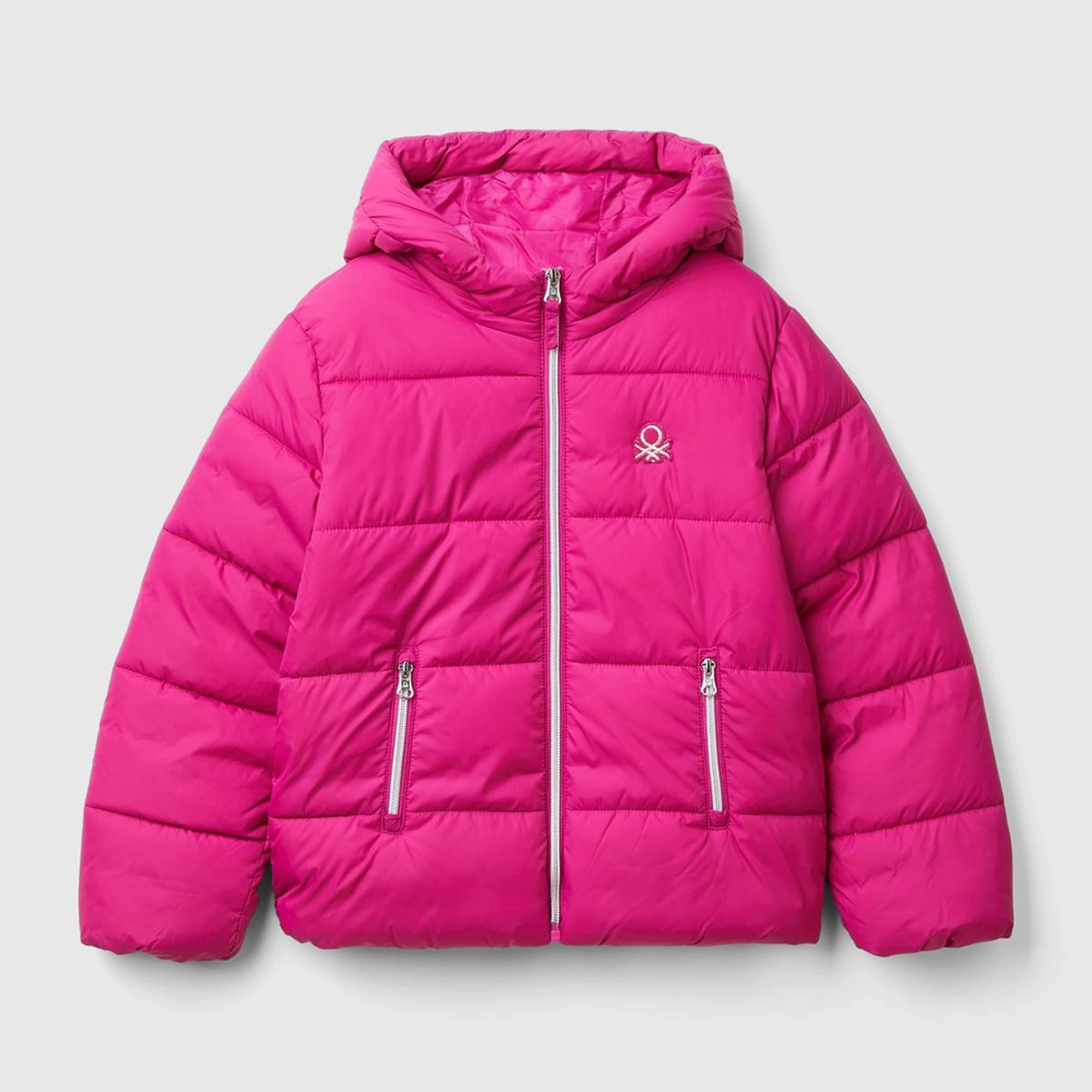 Kız Çocuk Fuşya Sol Göğsü Logo İşlemeli Cepli Kapüşonlu Yüksek Yaka Mont