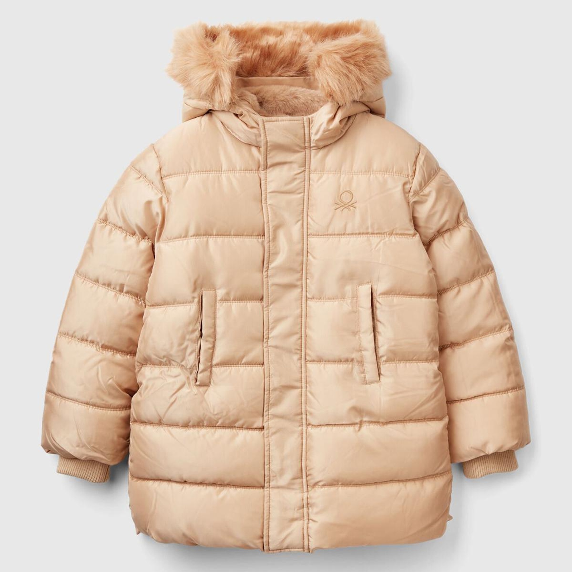 Kız Çocuk Gold Göğsü Logo İşlemeli Fermuarlı Düğme Kapamalı Uzun Pufa Mont