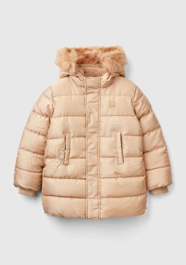  Kız Çocuk Gold Göğsü Logo İşlemeli Fermuarlı Düğme Kapamalı Uzun Pufa Mont