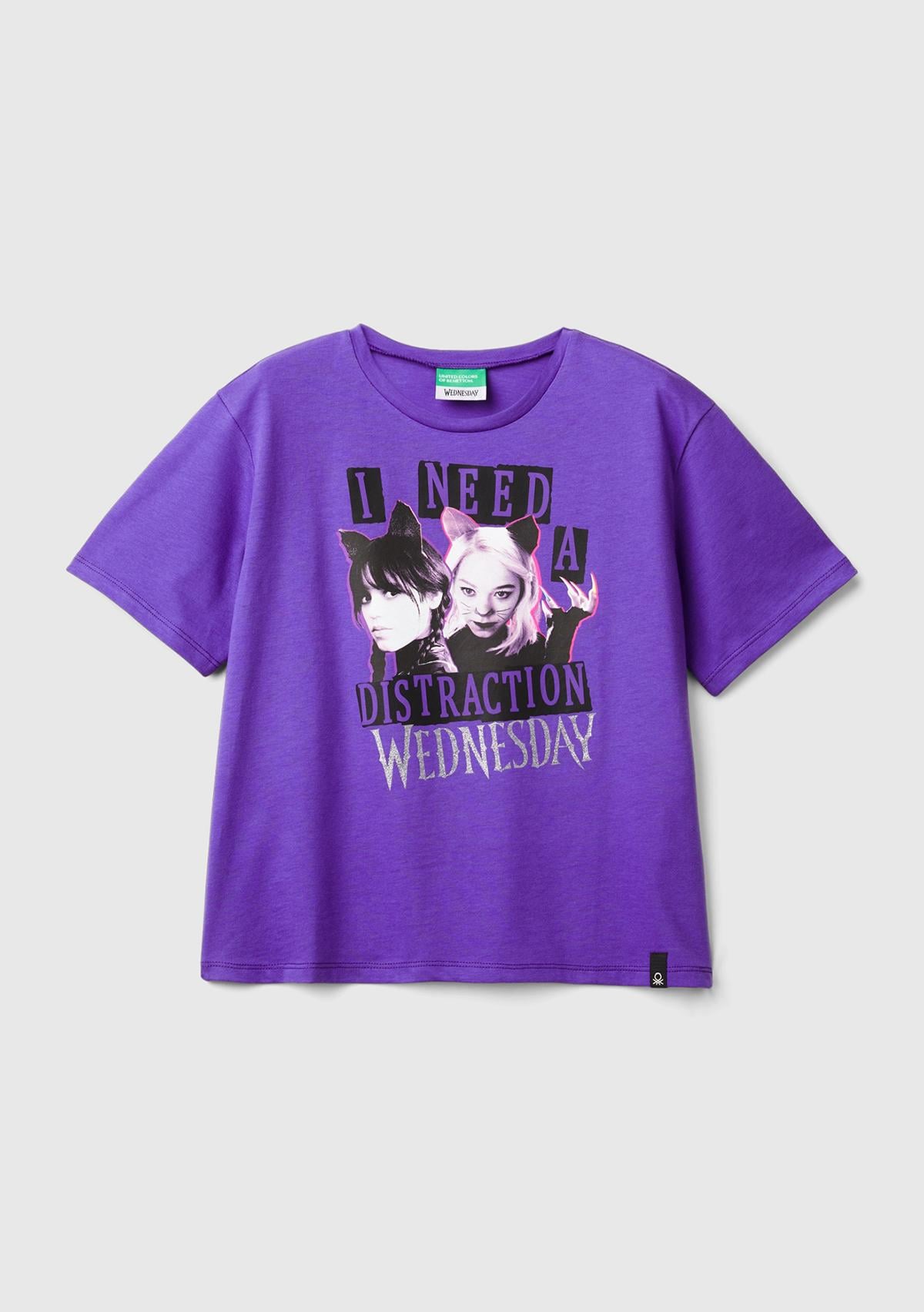  Kız Çocuk Çivit Mavisi Etek Ucu Logo Etiketli Önü Fotoğraf Baskılı T-Shirt