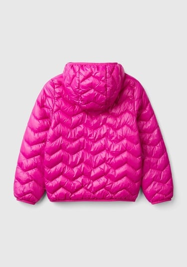  Kız Çocuk Fuşya Logo İşlemeli Kapüşonlu İnce Pufa Mont