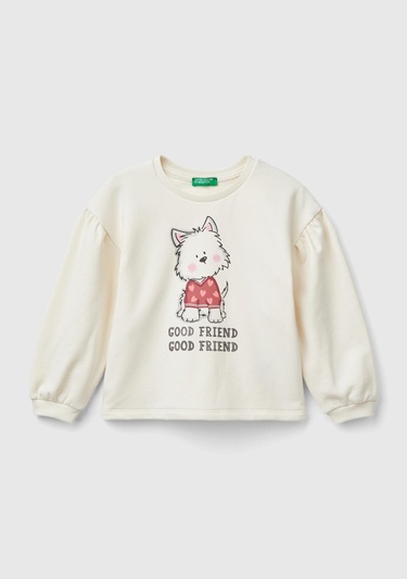  Kız Çocuk Ekru Arkası Logo Detaylı Önü Baskılı Balon Kol Sweatshirt