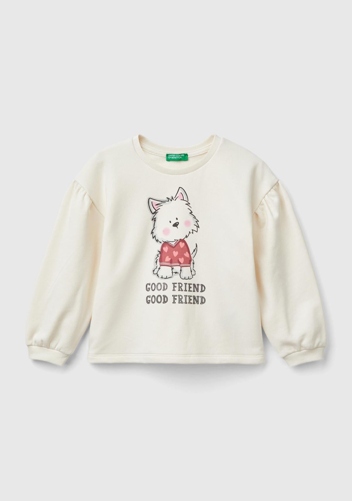  Kız Çocuk Ekru Arkası Logo Detaylı Önü Baskılı Balon Kol Sweatshirt