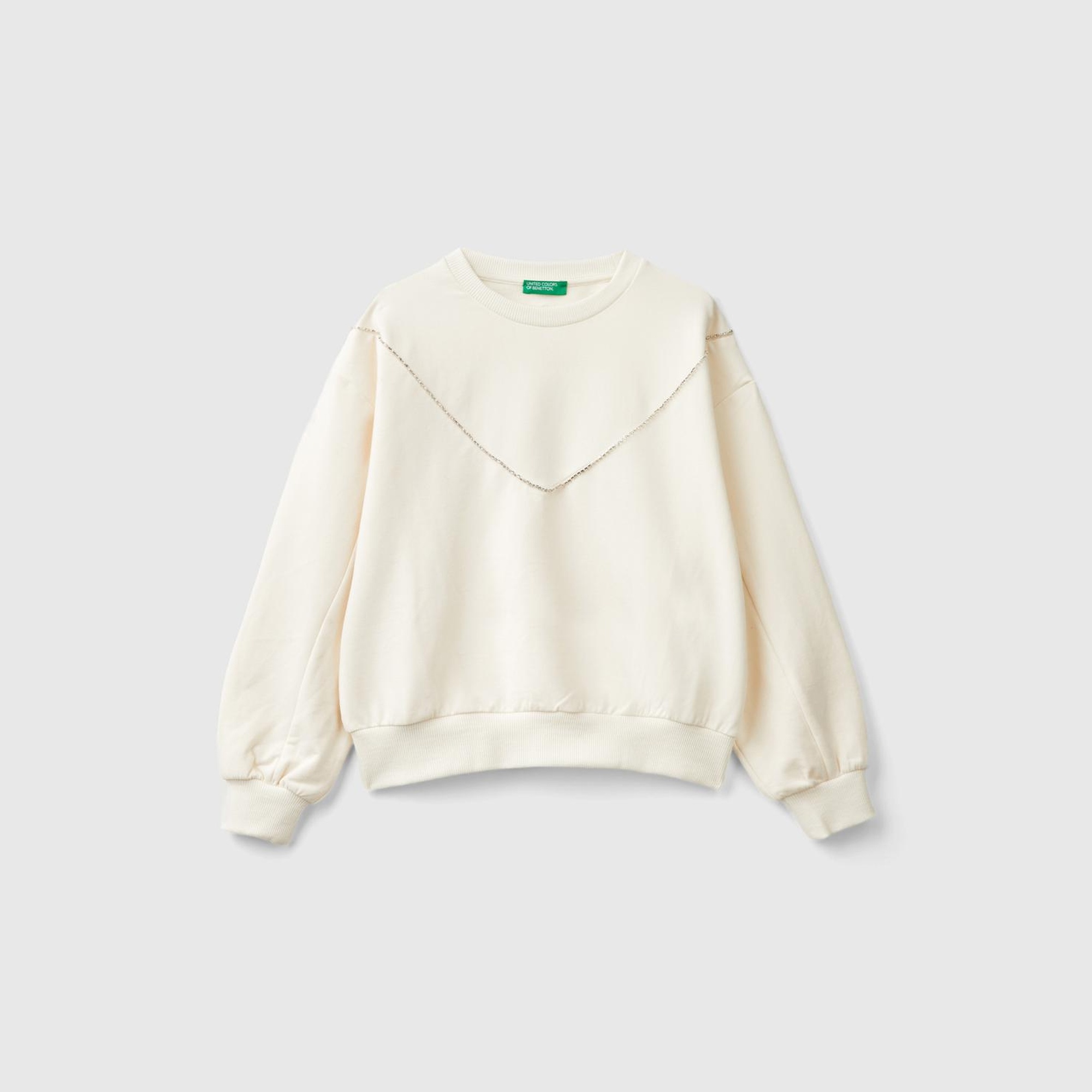 Kız Çocuk Ekru Arkası Logo Baskılı Önü V Dikiş Detaylı Bisiklet Yaka Sweatshirt