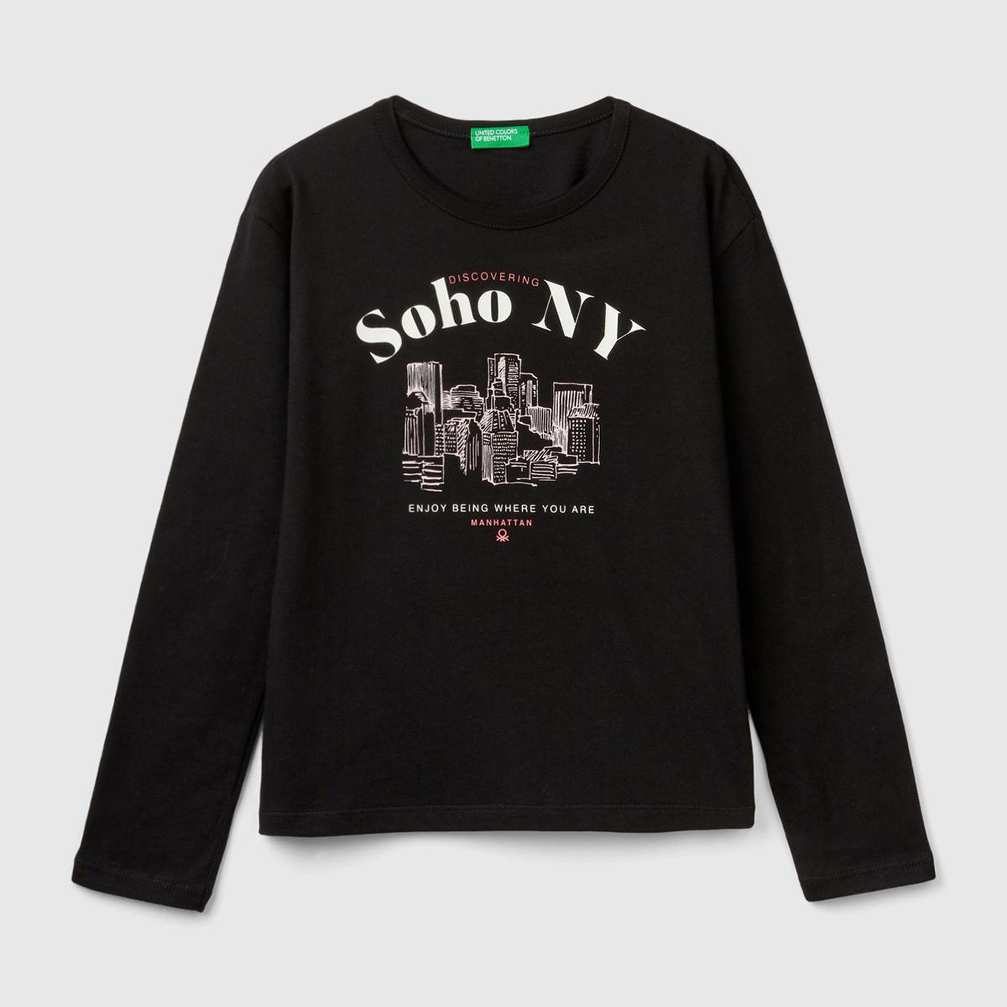 Kız Çocuk Siyah Baskılı Bisiklet Yaka Uzun Kollu T-Shirt