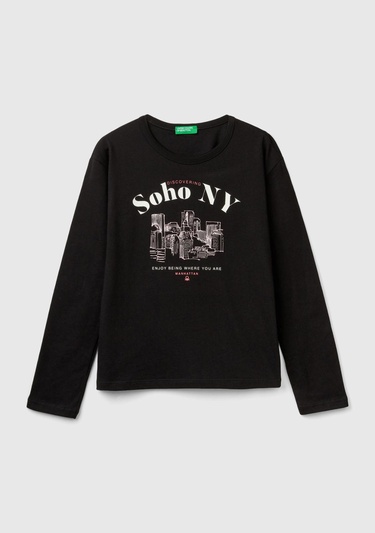  Kız Çocuk Siyah Baskılı Bisiklet Yaka Uzun Kollu T-Shirt