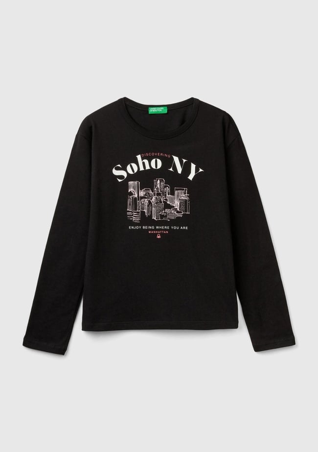  Kız Çocuk Siyah Baskılı Bisiklet Yaka Uzun Kollu T-Shirt