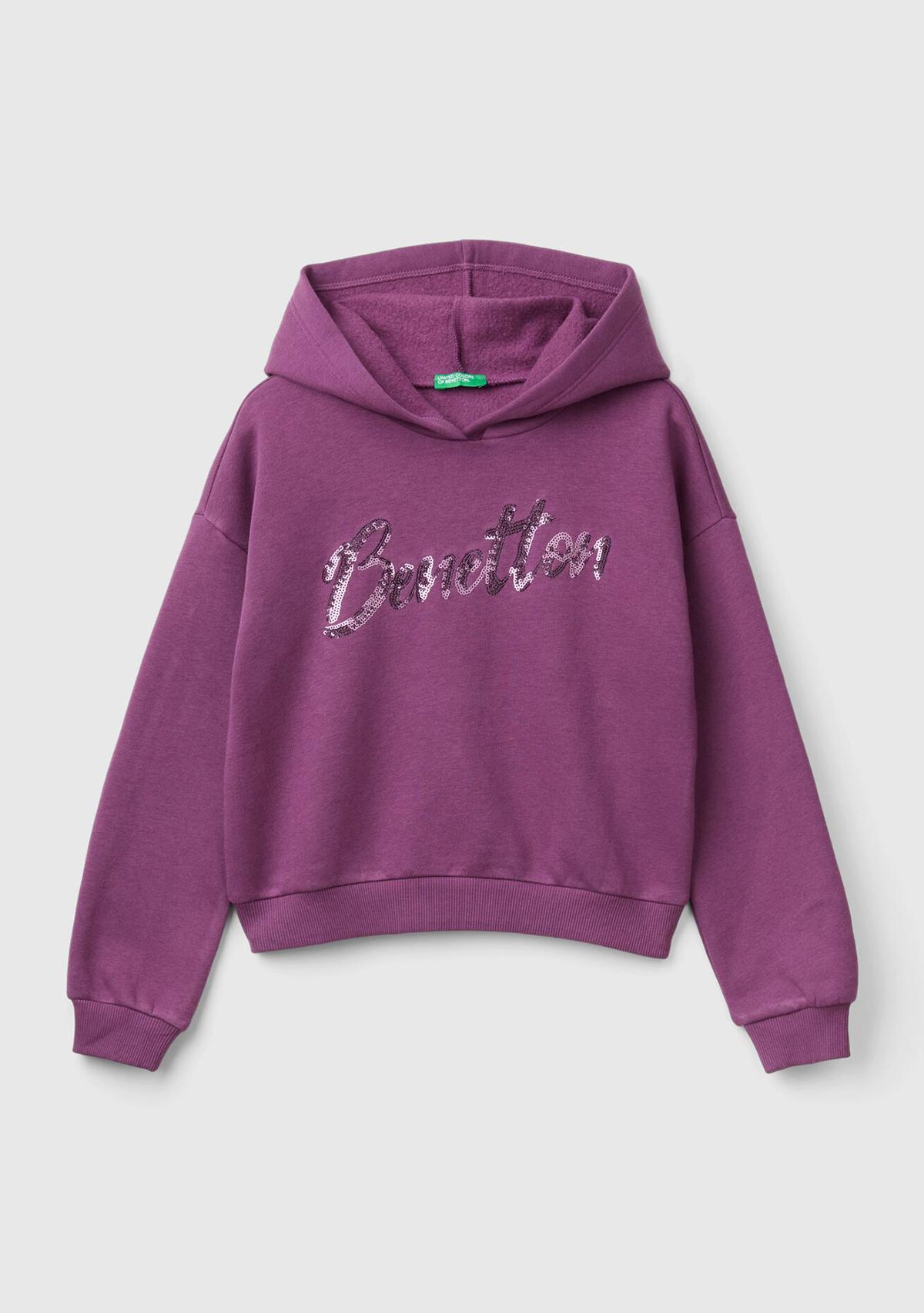  Kız Çocuk Mor Pamuk Karışımlı Payet Logolu Kapşonlu Sweatshirt