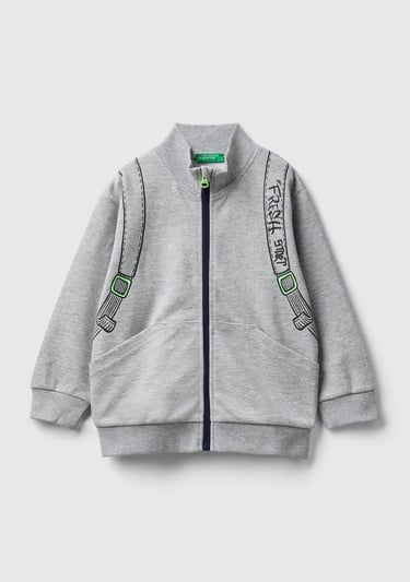  Erkek Çocuk Gri Melanj Sırt Çantası Baskılı Fermuarlı Dik Yaka Sweatshirt