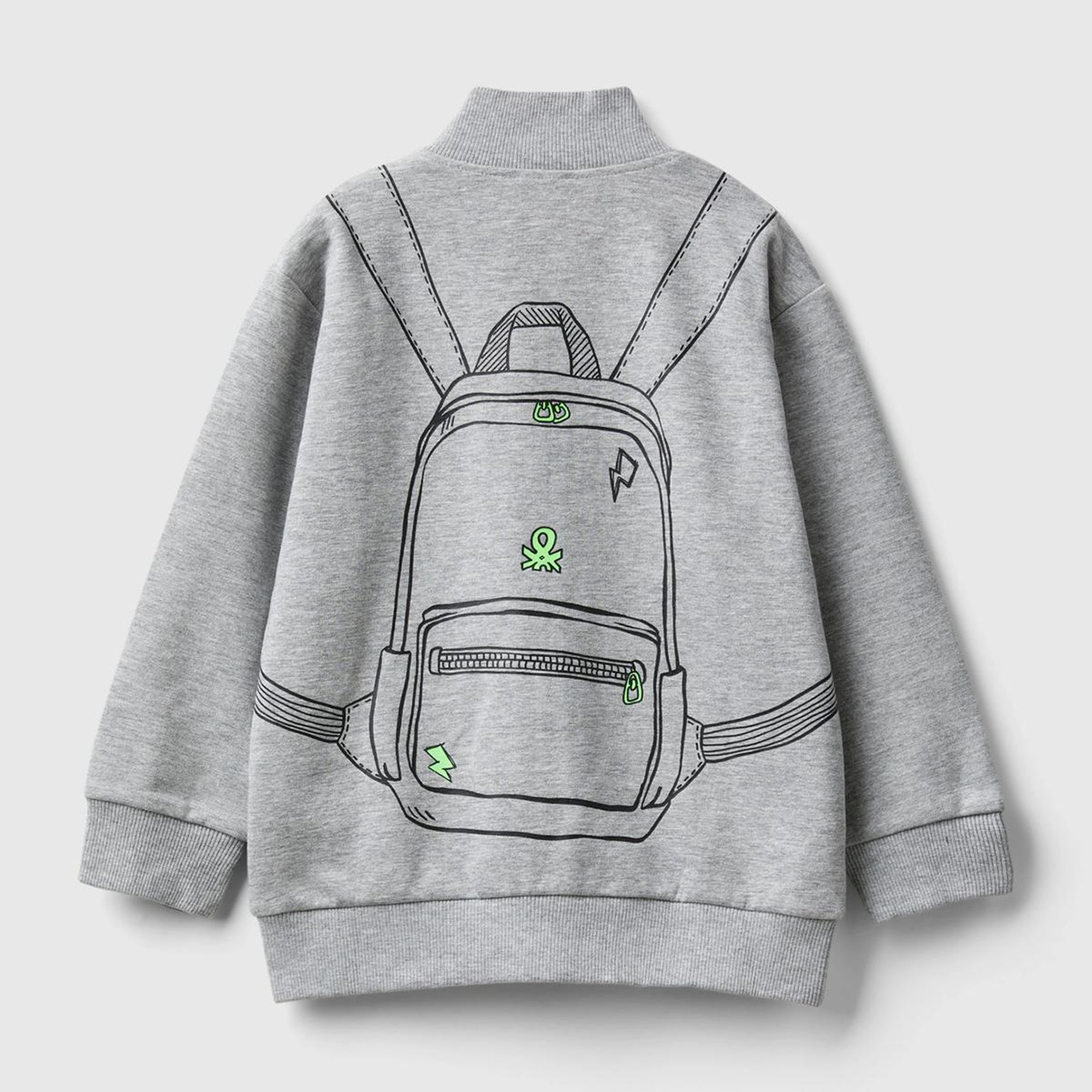 Erkek Çocuk Gri Melanj Sırt Çantası Baskılı Fermuarlı Dik Yaka Sweatshirt