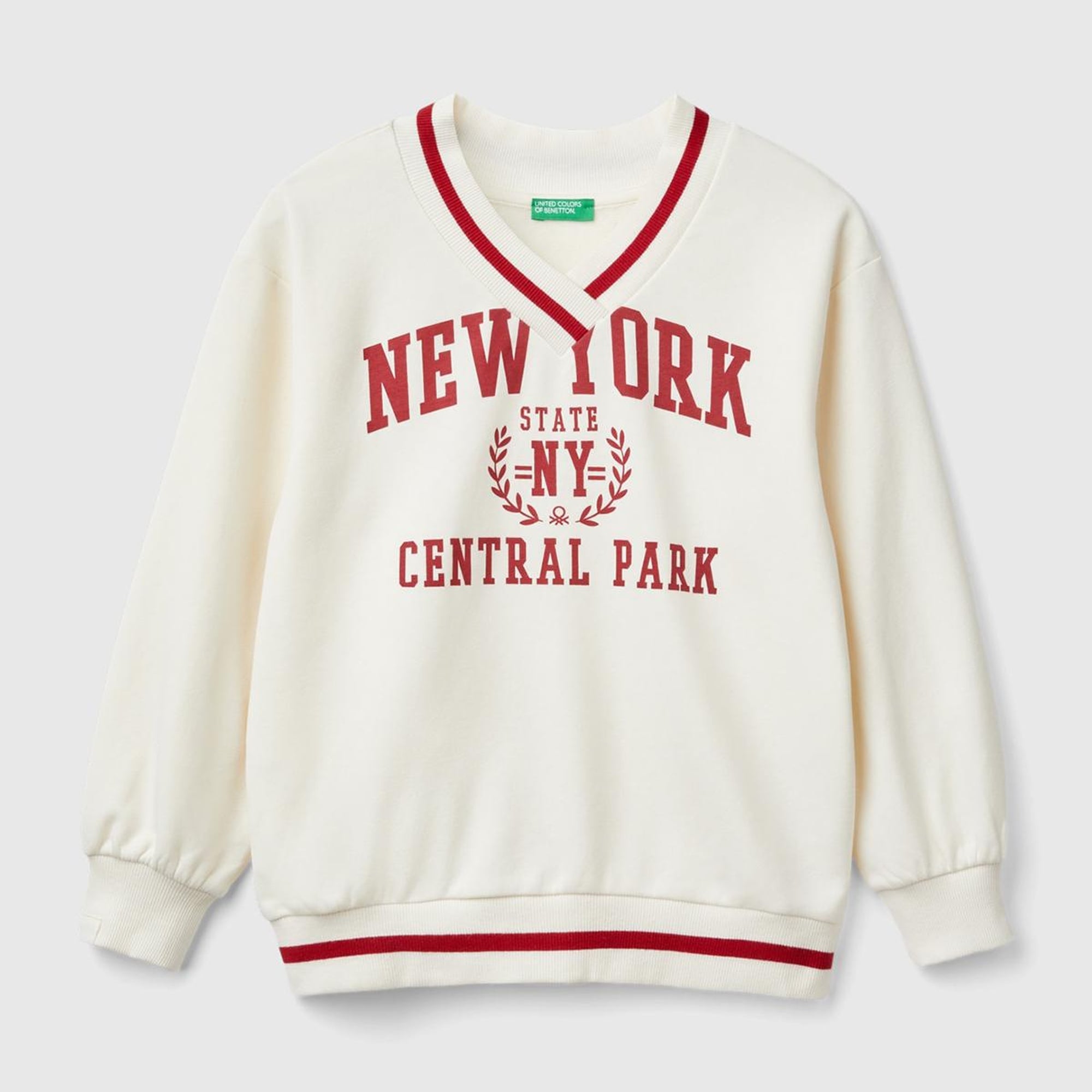 Kız Çocuk Ekru Kontrast Renk Detaylı Manşeti Ribanalı V Yaka Sweatshirt