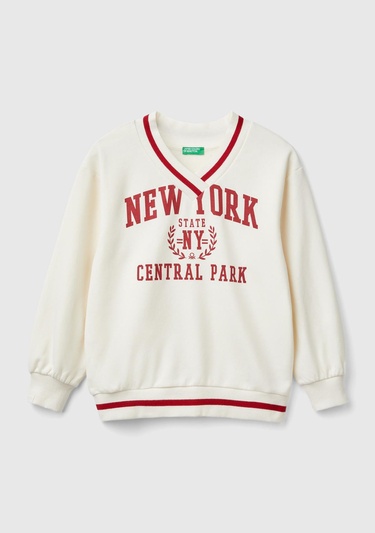  Kız Çocuk Ekru Kontrast Renk Detaylı Manşeti Ribanalı V Yaka Sweatshirt