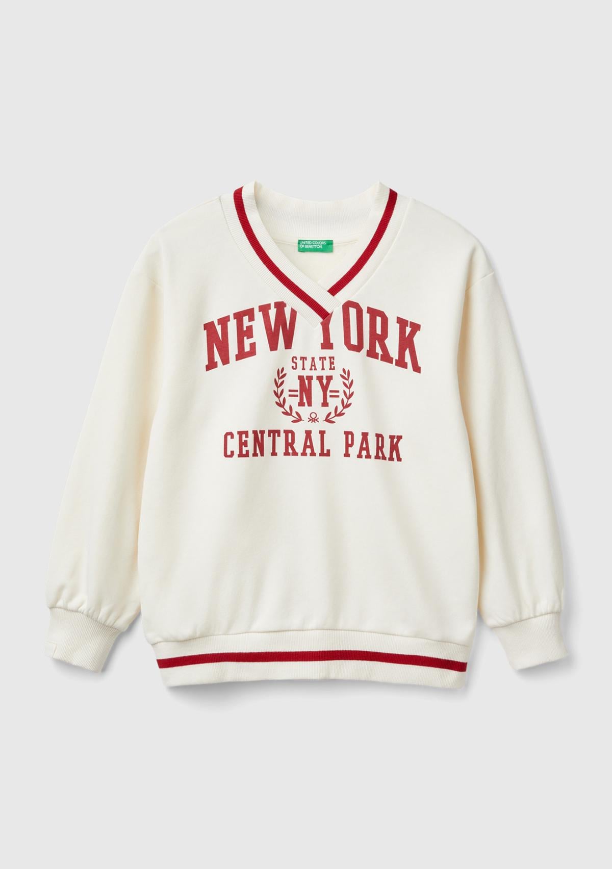  Kız Çocuk Ekru Kontrast Renk Detaylı Manşeti Ribanalı V Yaka Sweatshirt